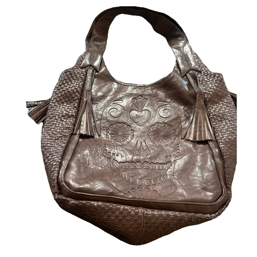 Loungefly Sugar Skull‎ Brown Lattice Large Tote Bag Y2K Purse 16x18 Retro Purse